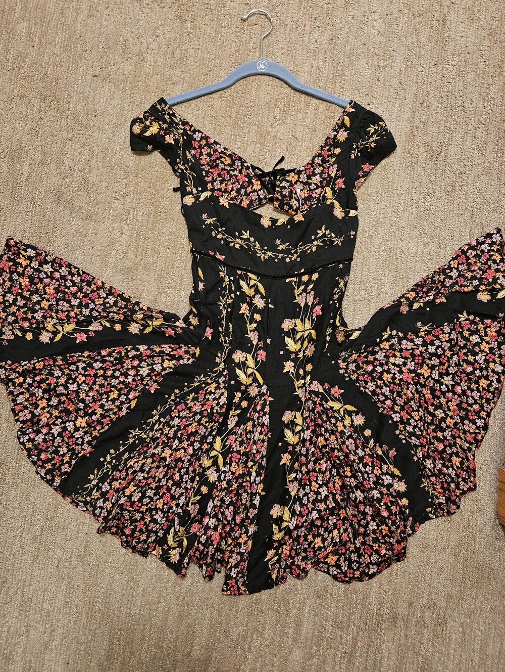 Free People Black Floral Fit & Flare Mini Dress | XS | Boho Cottagecore Fairycor - Picture 12 of 16